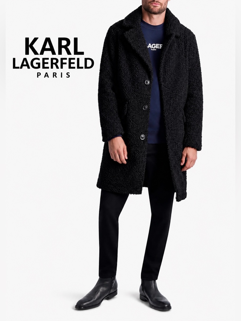 Karl Lagerfeld Black Teddy Pea Coat - Textured Three-Button Overcoat XL NWT